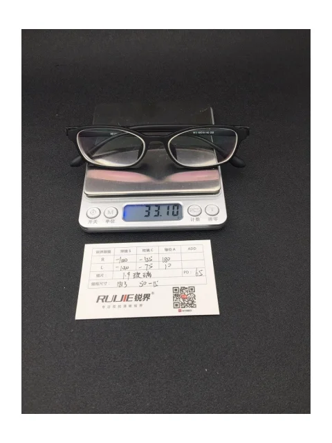 1.9超薄玻璃镜片 R:-1000/-125L:-1000/-75PD:65镜框：1813（50-15）